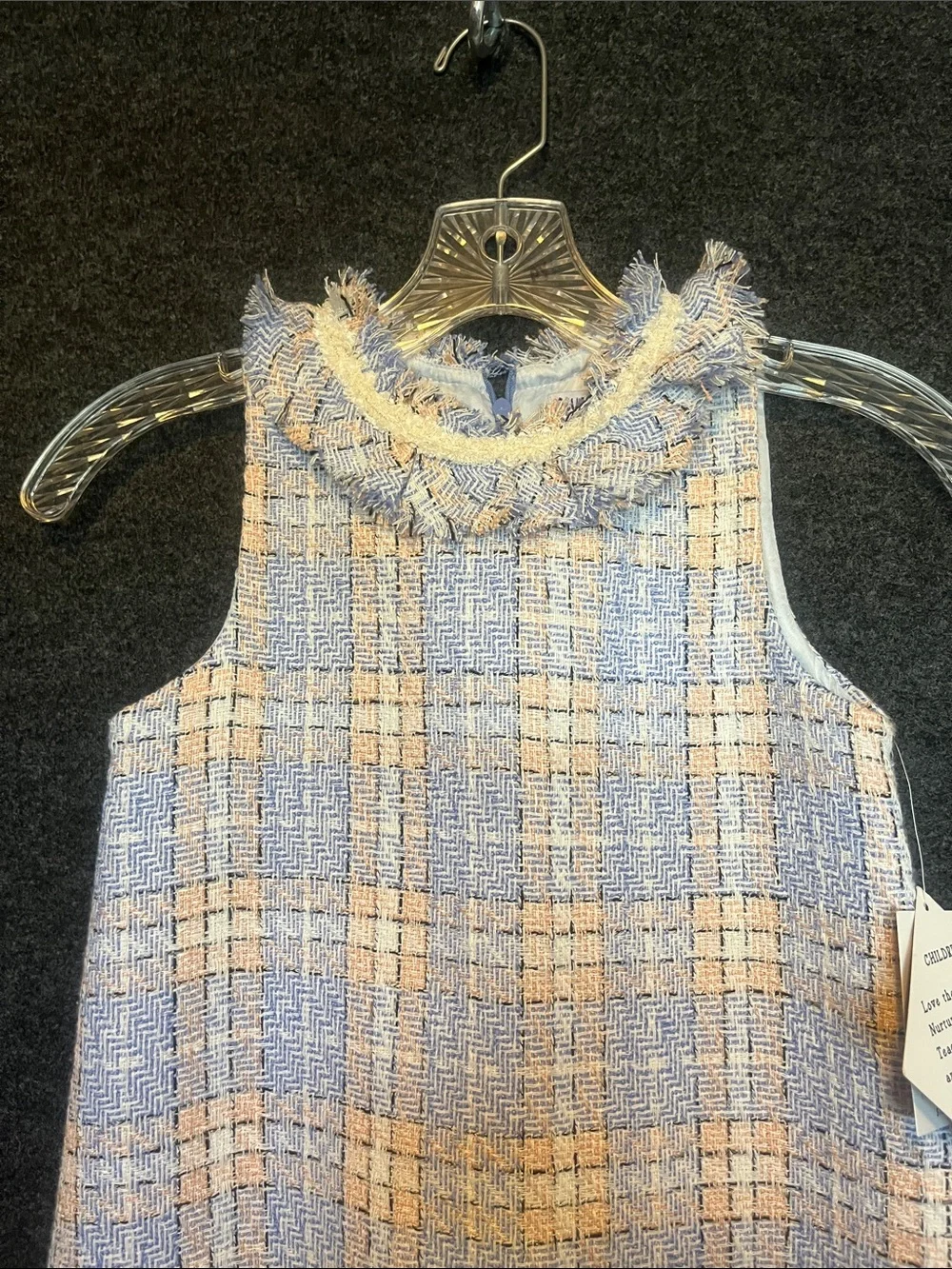Blueberi Boulevard Girls Blue and Cream Tweed Fringe A-Line Dress